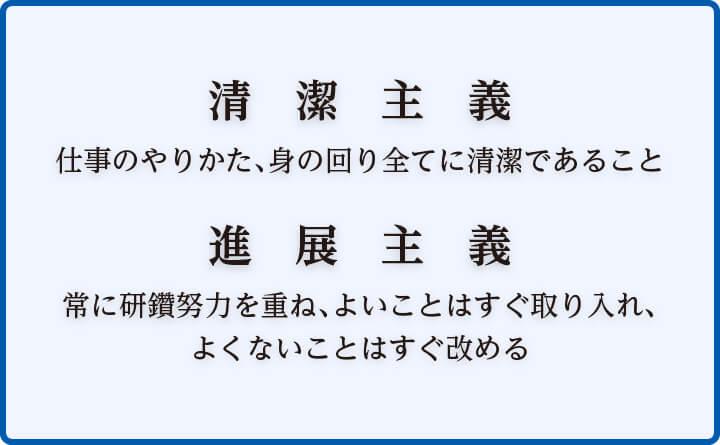 清潔主義　仕事のやりかた、身の回り全てに清潔であること　進展主義　常に研鑽努力を重ね、よいことはすぐ取り入れ、よくないことはすぐ改める